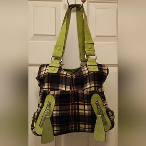 Y2K Tartan Flannel Plaid & Suede Multi Pocket Large Shoulder Bag.